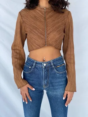 Vintage Brown Genuine Leather Zip Up Crop Top - Size S