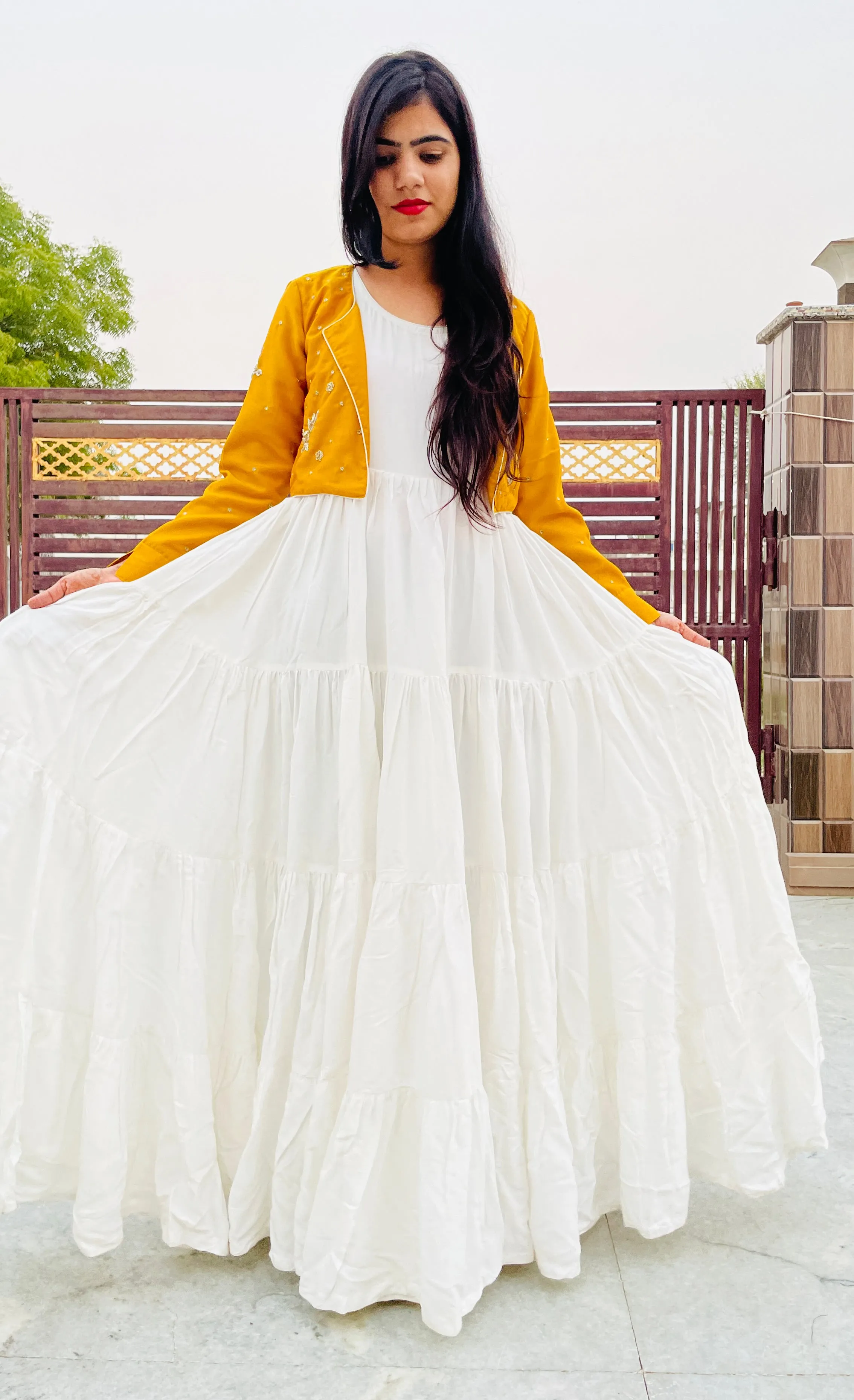 White Flared Pure Muslin Long Dress , with Mustard Hand embroidered Jacket