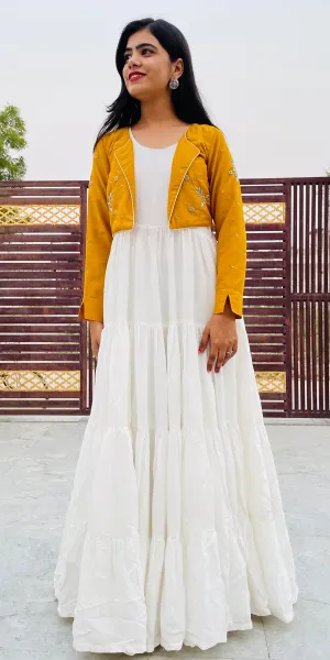 White Flared Pure Muslin Long Dress , with Mustard Hand embroidered Jacket