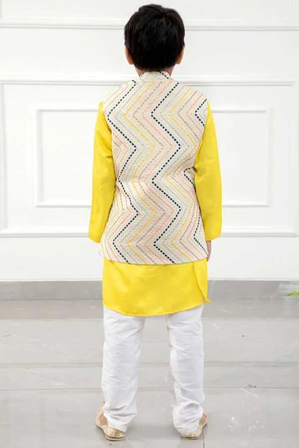 Yellow Kurta With Off White Sequins Embroidered Jacket And Pyjama