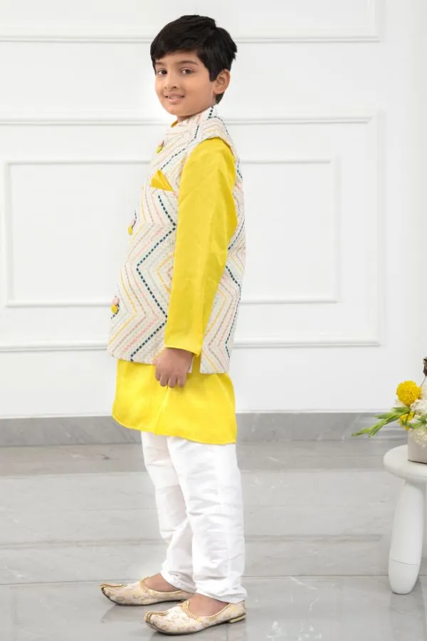 Yellow Kurta With Off White Sequins Embroidered Jacket And Pyjama