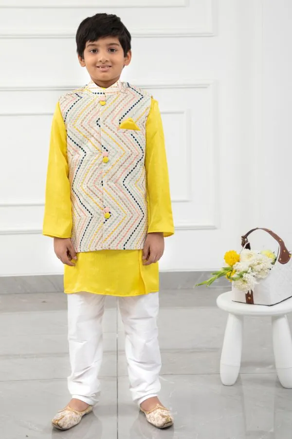 Yellow Kurta With Off White Sequins Embroidered Jacket And Pyjama