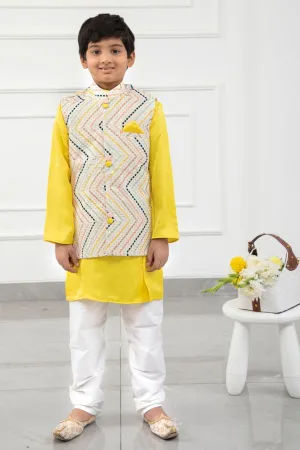 Yellow Kurta With Off White Sequins Embroidered Jacket And Pyjama