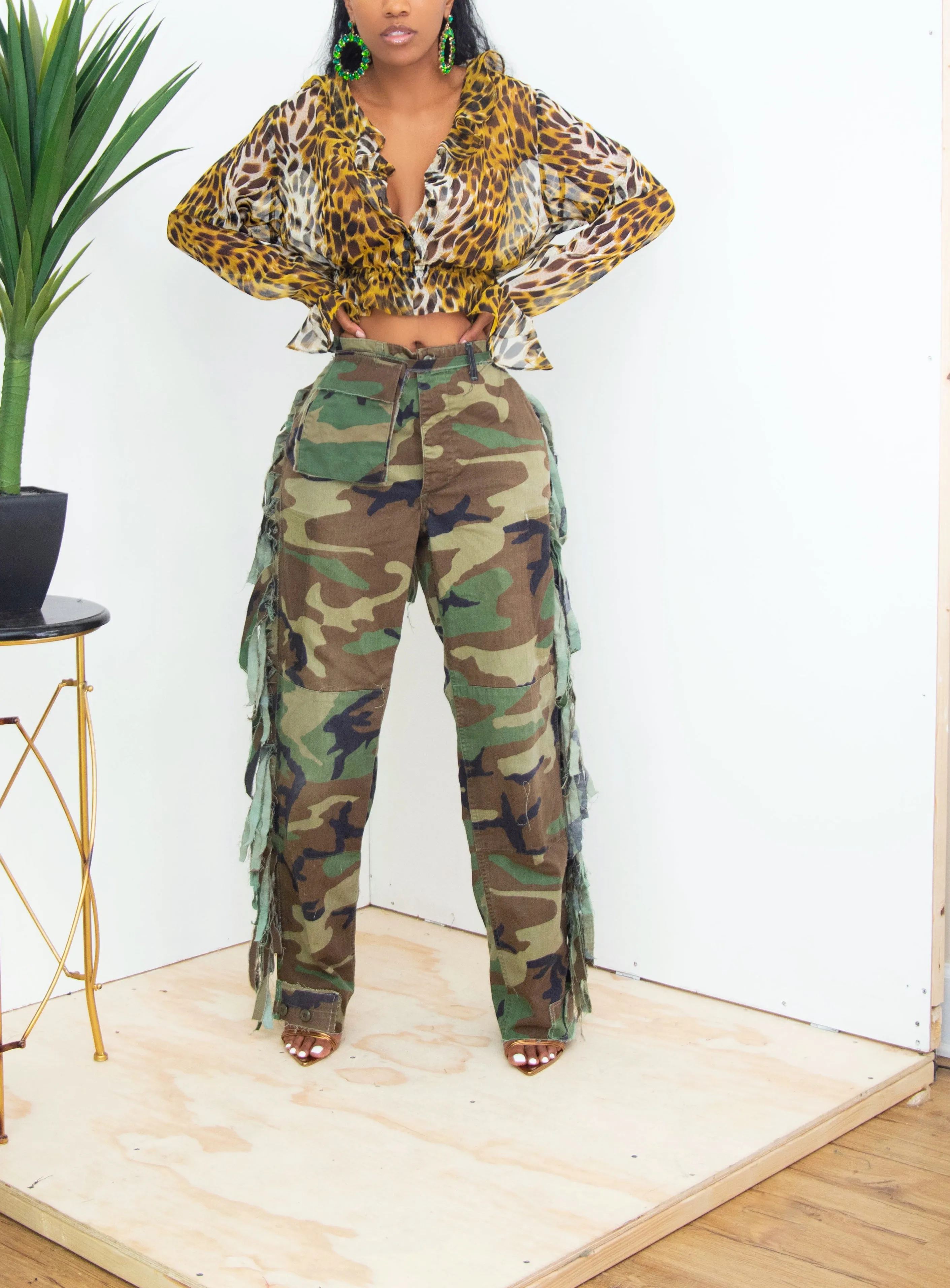 Yellow white black cheetah ruffle crop blouse- FINAL SALE