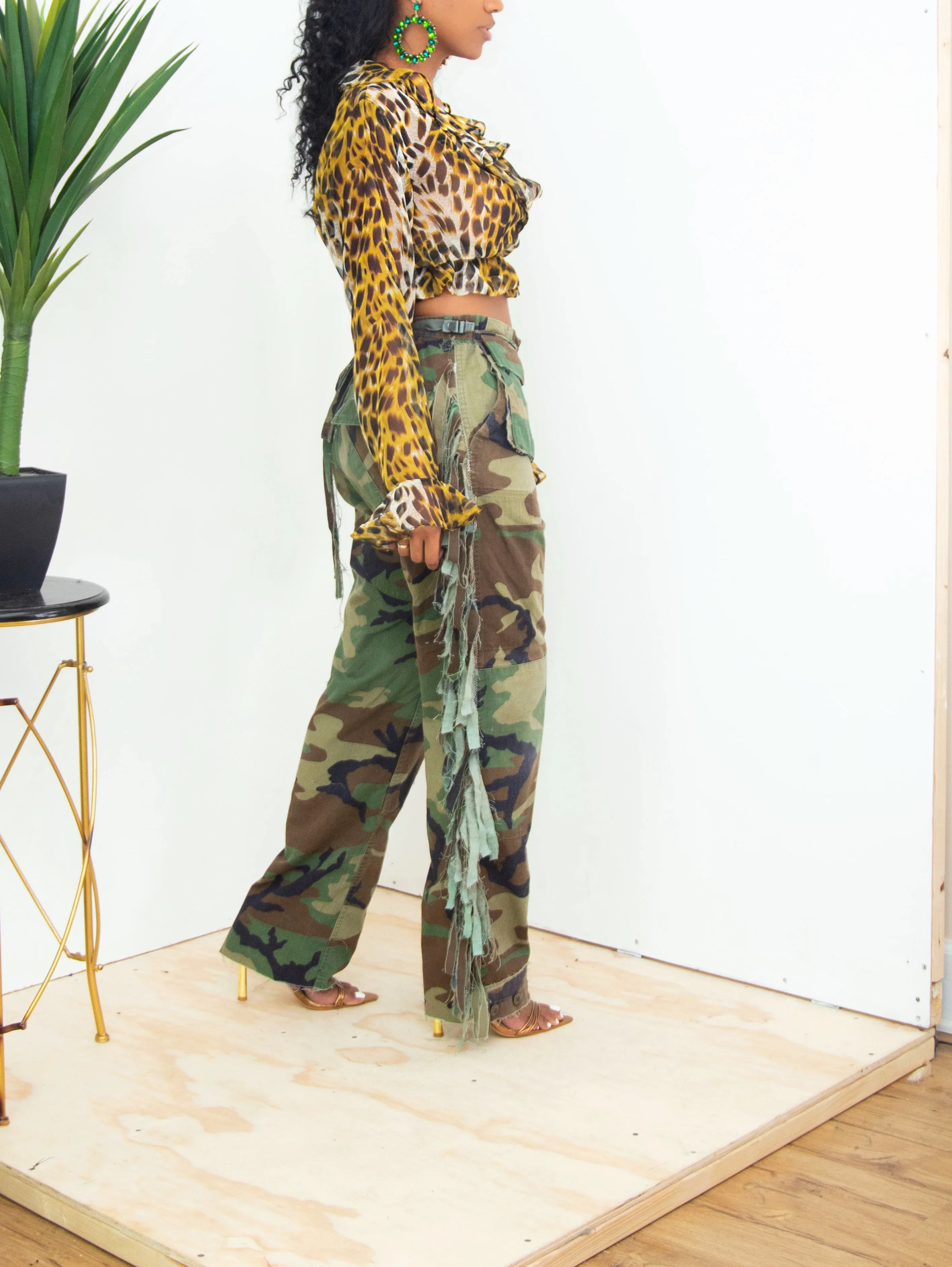 Yellow white black cheetah ruffle crop blouse- FINAL SALE